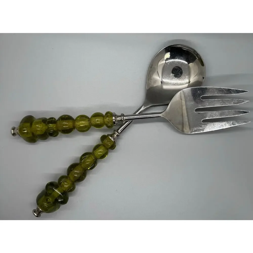 Serving Spoon And Fork Green Amber Color Glass Beaded Handle Set Of 2 Polished